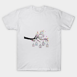 tree branch with birds and birdcages T-Shirt